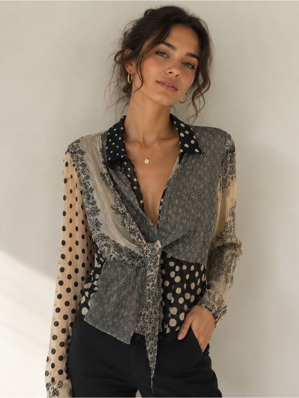 Fuzzi Women’s Silk Blend Mesh Polka Dot Mixed Print Wrap Front Shirt Sz Medium